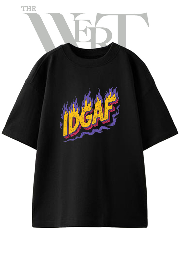 Idgaf Fire Design Printed Unisex Black Oversize T-Shirt