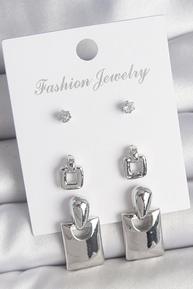 Brass Silver Color Zircon Stone Detail Dangle Square Model 3 Pair Women's Earring Set