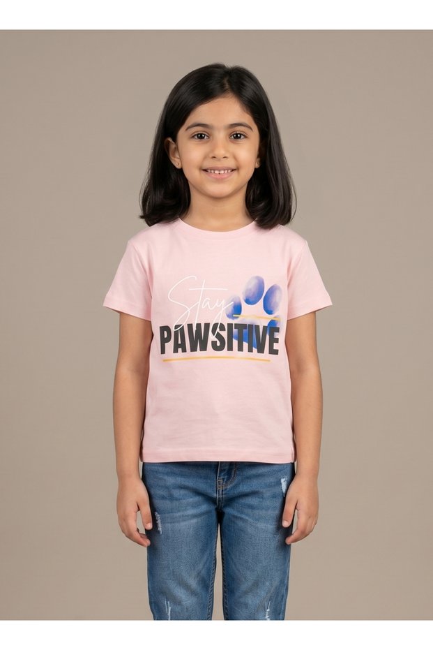Girls Stay Pawsitive Pink T-Shirt