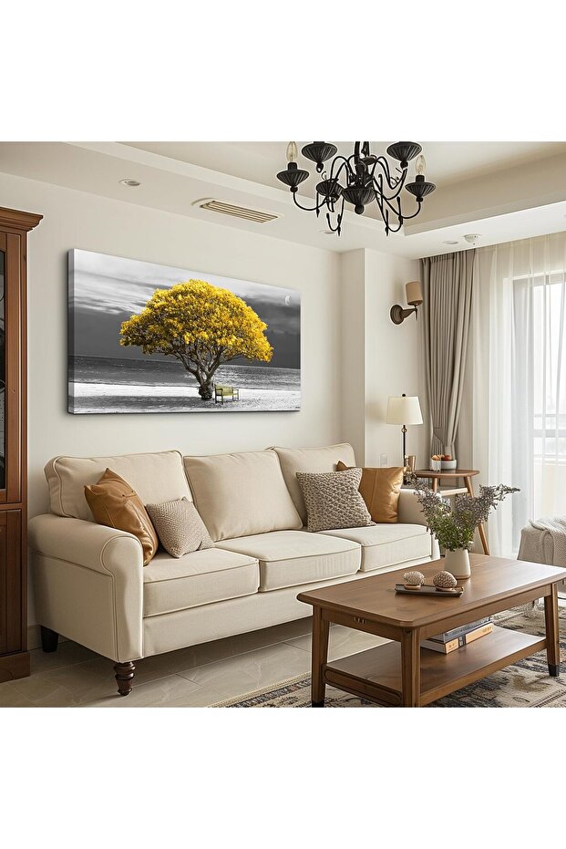 Golden Tree Beach Bench Gallery Wrapped Canvas Wall Art | 50x100cm 20x40 inch | Black White Gold Panoramic Decor