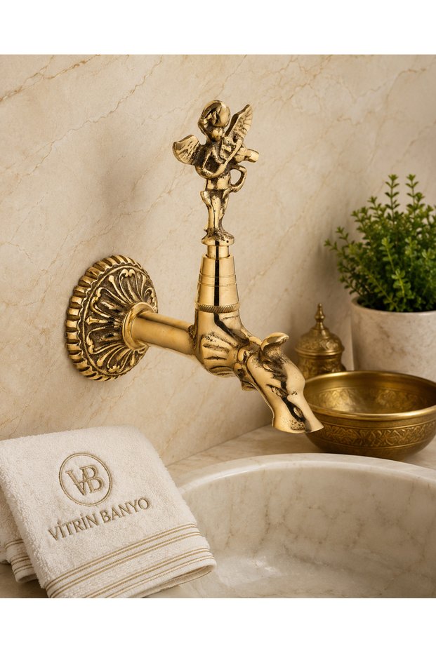 Gold Kurna Faucet with Ottoman Angel Figure Nostalgia Hammam Faucet Gold Complete Brass