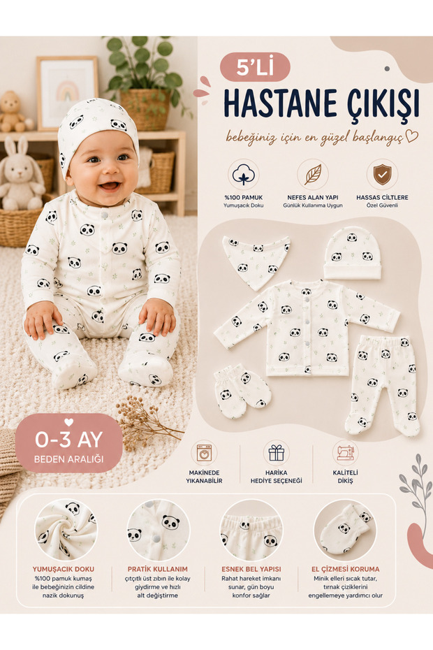 5 Piece Panda Patterned Newborn Baby Hospital Discharge Set 100% Cotton