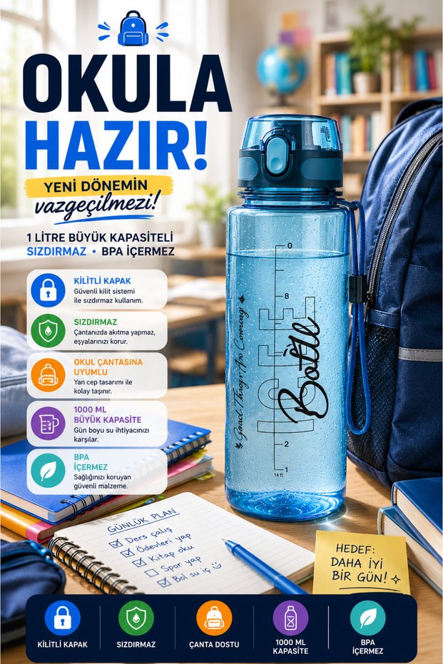Blue 1 Liter Water Bottle Leak-Proof Locking Lid Bpa-Free School Sports Water Bottle 1000 ml with Strap