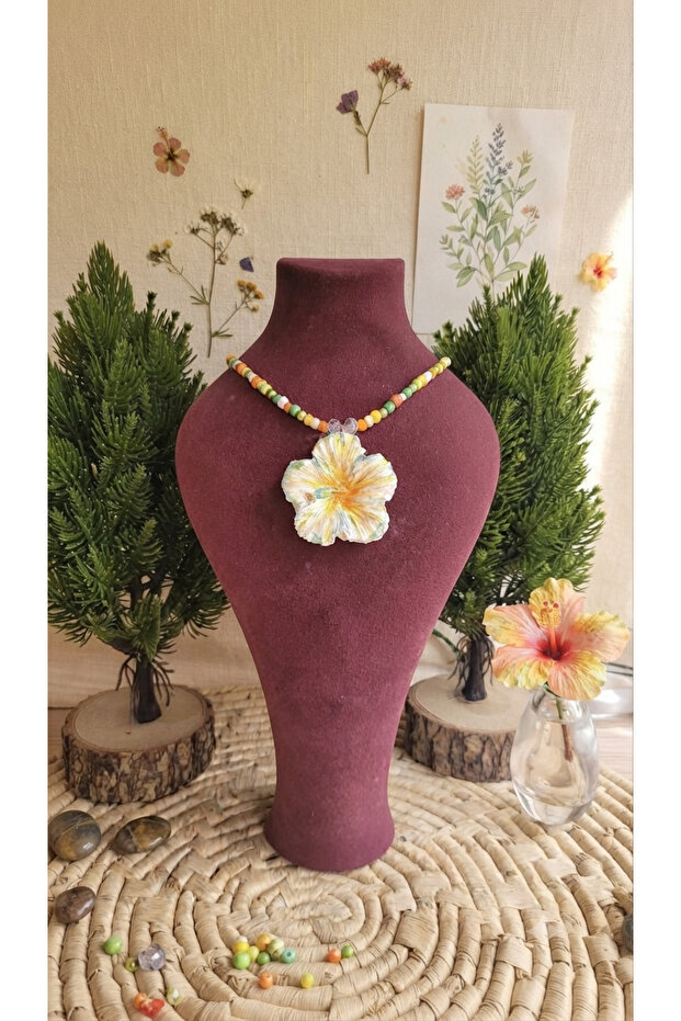 Handmade Ceramic Flower Necklace - Bohemian Design Necklace with Beads