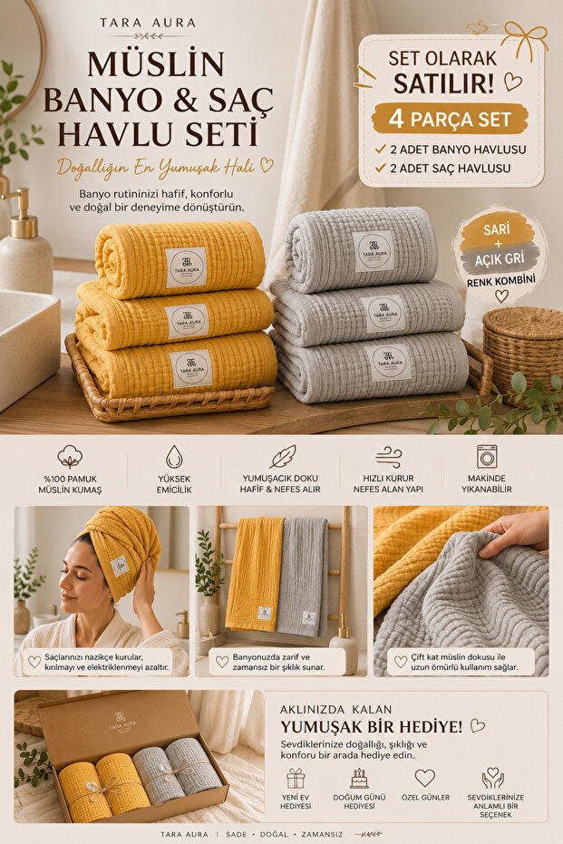 100% Cotton 4-Layer Muslin Bath Towel and Hair Towel Set - Highly Absorbent & Quick-Drying