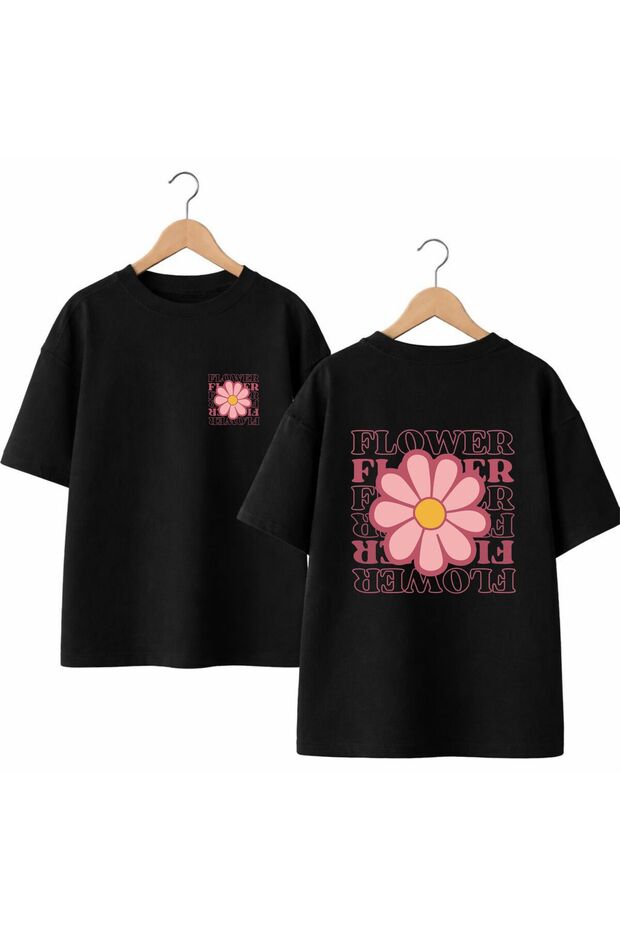 Flower Daisy Printed Back and Front Chest 100% Cotton Oversize Loose Regular Fit Crew Neck T-Shirt