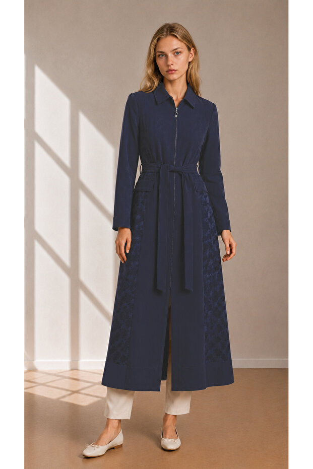 Belted Jacquard Texture Detailed Indigo Giy Çık 0346