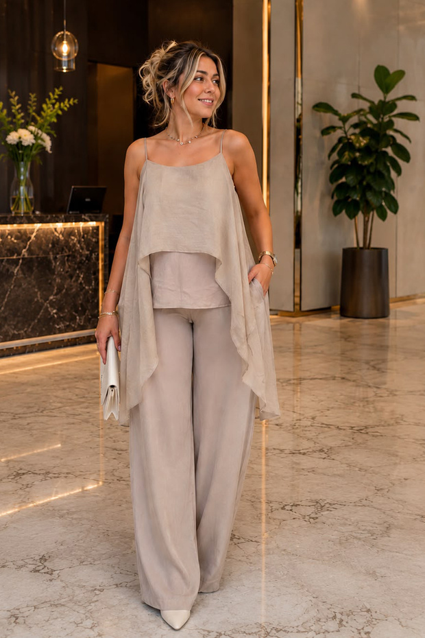 Chiffon Garnished Blouse and Pants Set