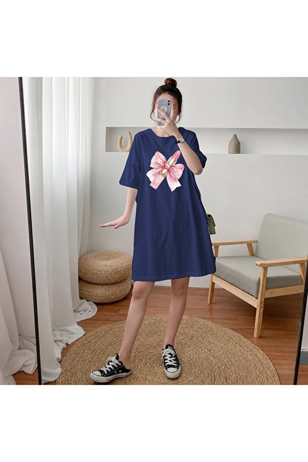 Women's Extra Long Oversize Pink Ribbon and Lipstick Printed T-Shirt