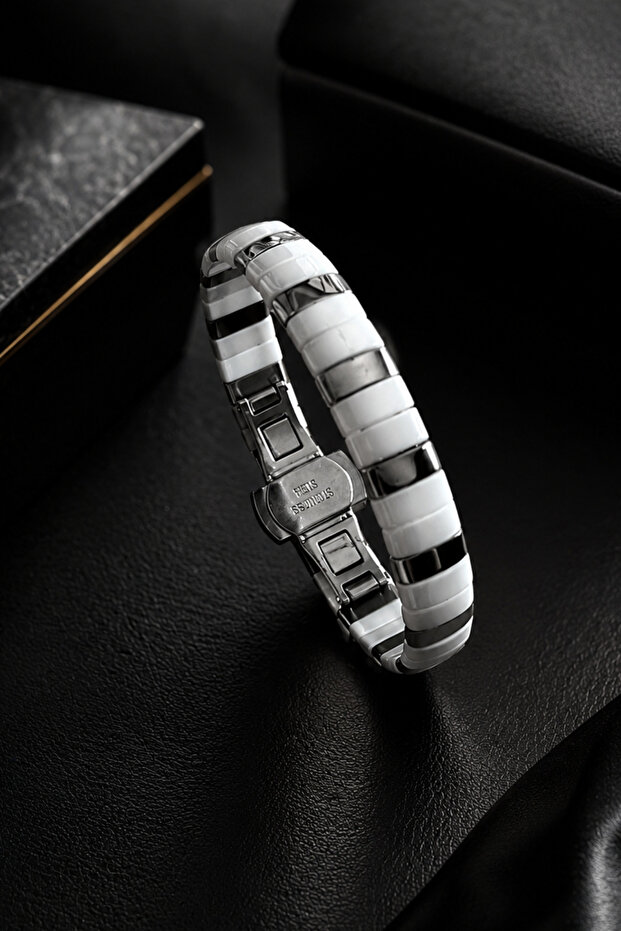 Silver Color Detailed Double Row White Ceramic Bracelet