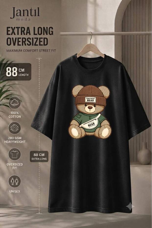 Crew Neck Bear Print Extra Long Oversize Tunic T-Shirt with Beret and Bag Short Sleeve