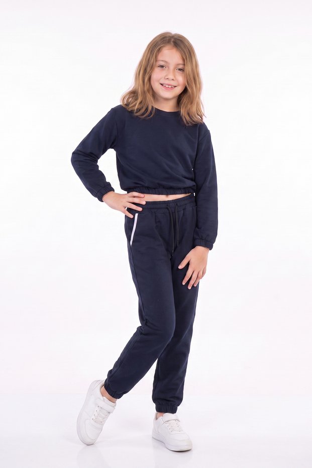 Girl's Round Collar Pocket Piping Detailed Plain Unprinted Elastic Cuffed Top and Bottom Tracksuit Set