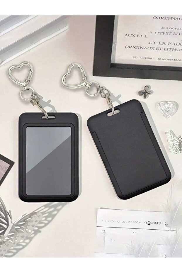 1 set Black Card Holder With Heart-Shaped Pendant, Bag Ornament, Keychain, Can Hold Id Card, Celebri