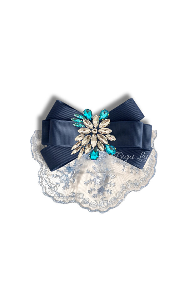 Lux Blue Guipure Lace Special Design Brooch, Collar Brooch, Comes with a Bow Tie Pin.