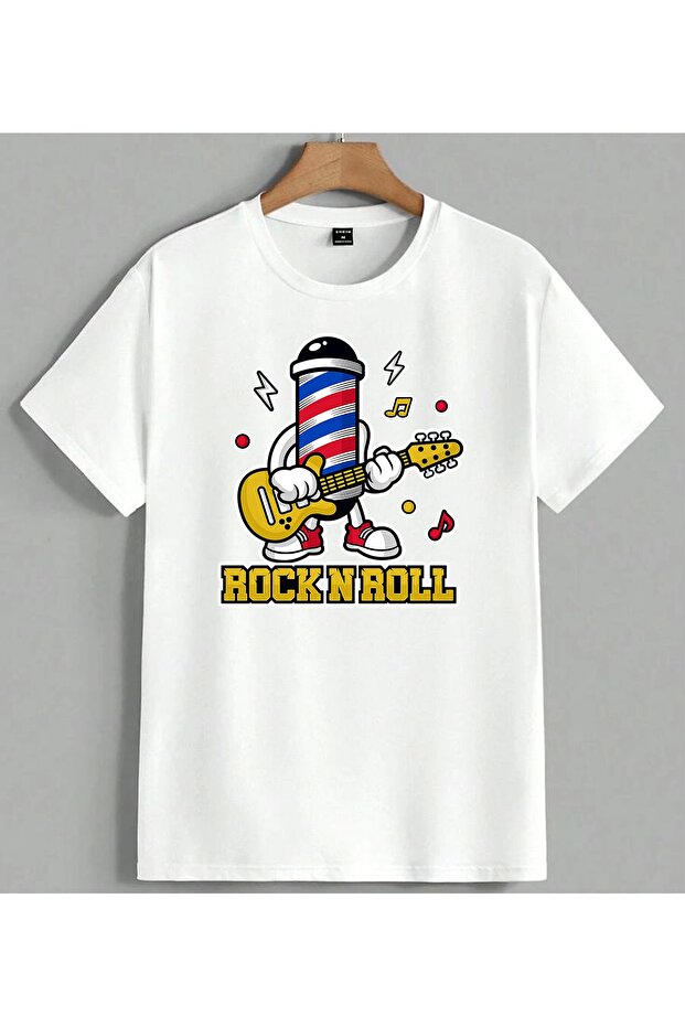 تي شيرت Rock N Roll Berber Saci مطبوع عليه جيتار للجنسين مقاس كبير باللون الأبيض