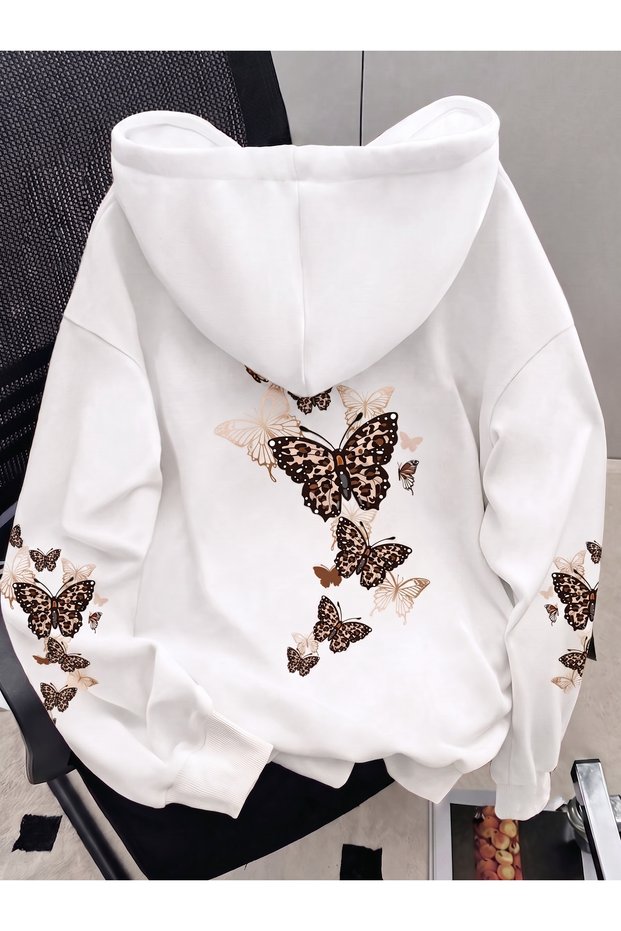 Butterfly Printed Back and Sleeve 3 Thread Hooded Sweatshirt Oversize Winter 100% Cotton
