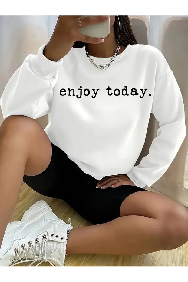 Women's White Enjoy Today Printed Crew Neck Oversize Sweatshirt