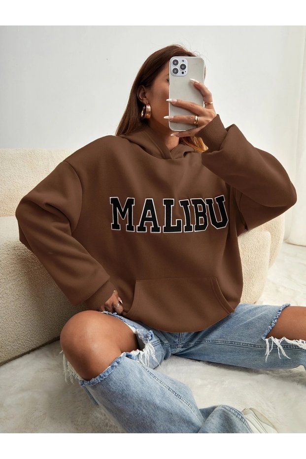 Women's Brown Malibu Printed 3 Thread Hooded Hoodie Sweatshirt