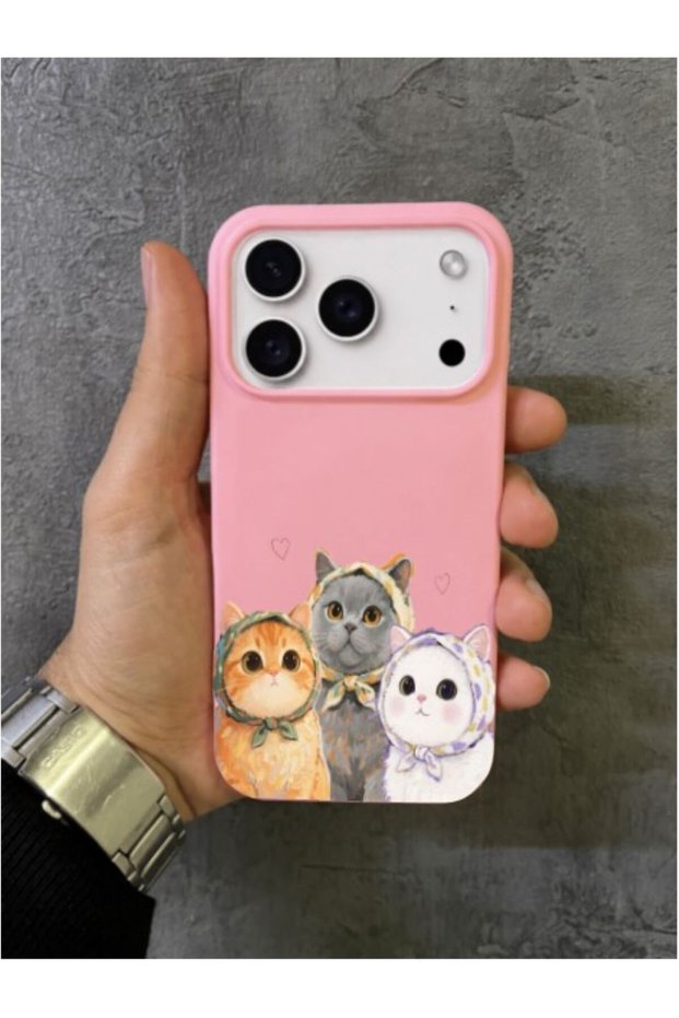iPhone 17 Pro Max Compatible Pink Case with Scarf and Triple Cat Pattern
