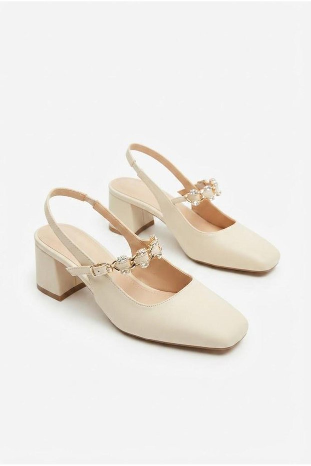 129-2670 Satin Chain Stone Buckle Detailed 5 cm High Thick Heel Women's Shoes