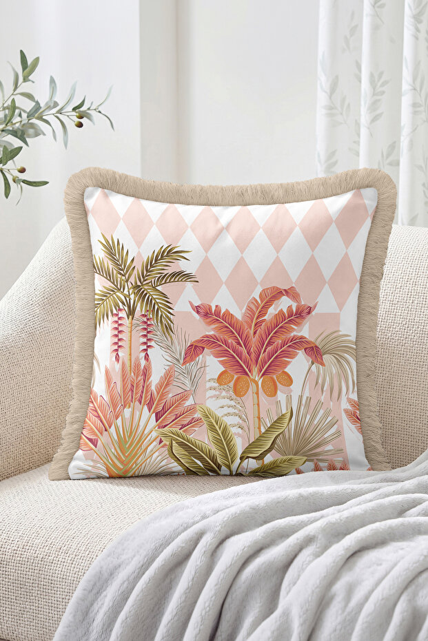 Tropical Palm and Leaf Figured Diamond Patterned Fringed Throw Pillow Cover - Bohemian Decorative Pillow Cover