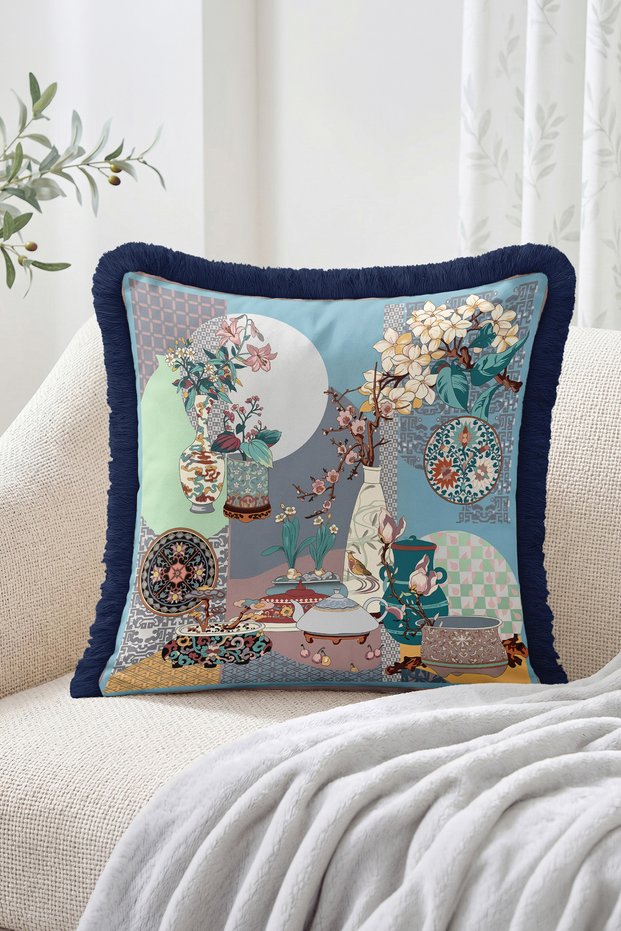 Tile Motif Vase and Floral Pattern Fringed Throw Pillow Cover - Vintage Decorative Pillowcase