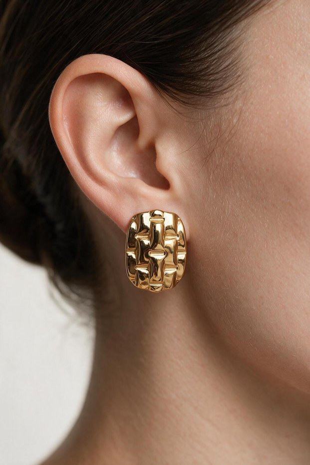 Women's Gold Color Stainless Steel Mesh Patterned Curved Hoop Earrings