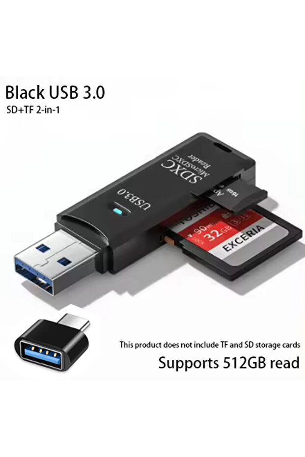 قارئ بطاقات USB 3.0 متعدد الوظائف 2 في 1 باللون الأسود، قارئ بطاقات MiniSD وTF، قارئ بطاقات USB فلاش درايف