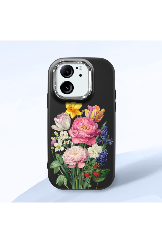Mi 13t Compatible Case Camera Protector Black Silicone Couple Phone Case with Floral Pattern