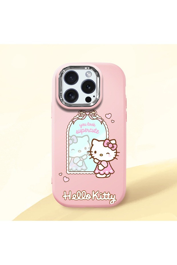 iPhone 15 Pro Compatible Case with Camera Protector Pink Silicone Couple Phone Case with Kitty Pattern