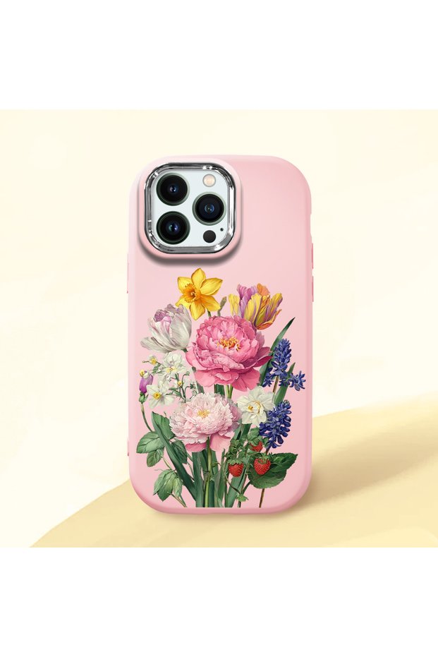 iPhone 12 Pro Max Compatible Case with Camera Protection Pink Silicone Couple Phone Case with Floral Pattern