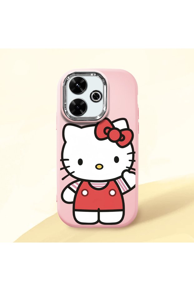 Redmi 13X Compatible Case Camera Protector Pink Silicone Couple Phone Case with Kitty Pattern