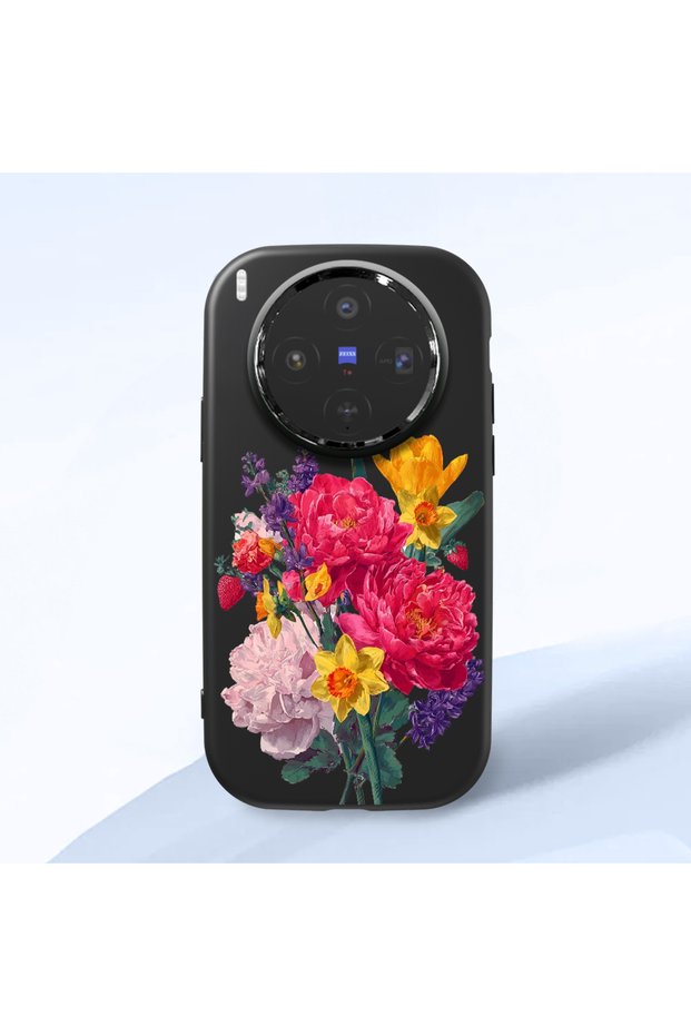Vivo X300 Compatible Case Camera Protector Black Silicone Couple Phone Case with Floral Pattern