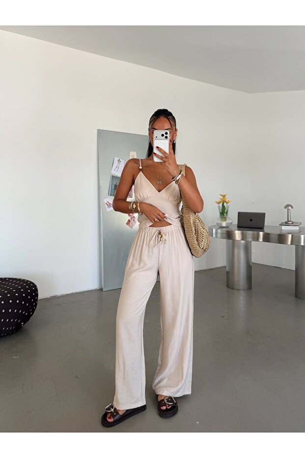 Bead Detailed Linen Suit - Stone