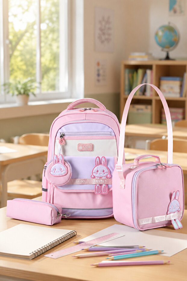 51975 Primary School School Bag Set with Rabbit Figure, 3-Piece Orthopedic Back Support Lunch Bag and Pencil Case