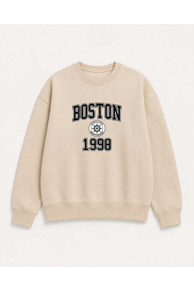 Boston Print Detailed Crew Neck 2 Thread Sweatshirt