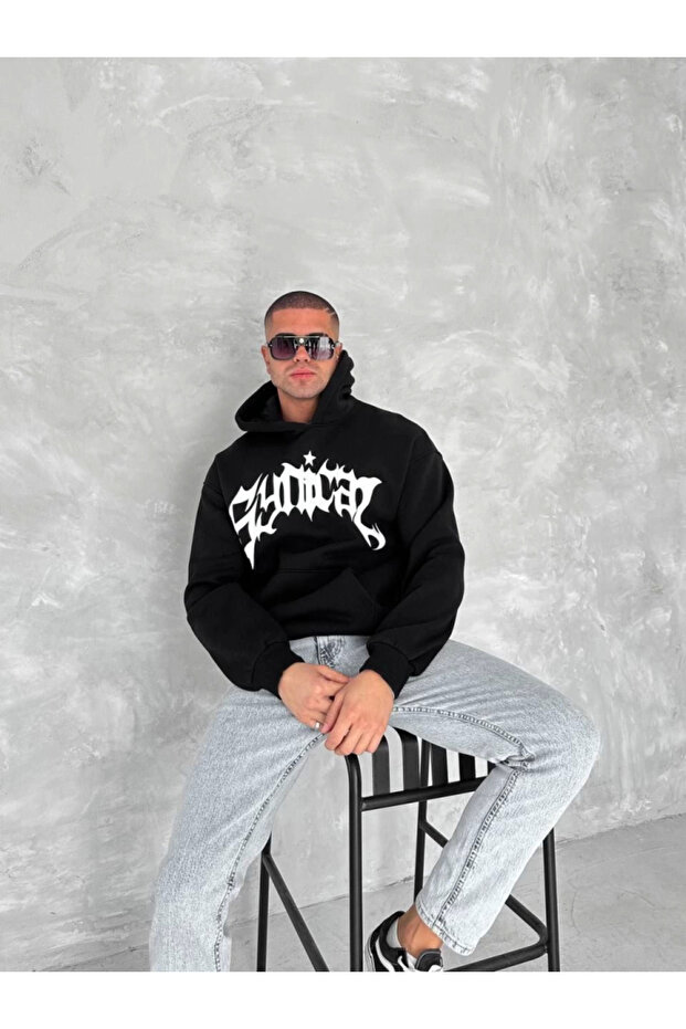 Unisex three-thread hooded printed sweatshirt - black