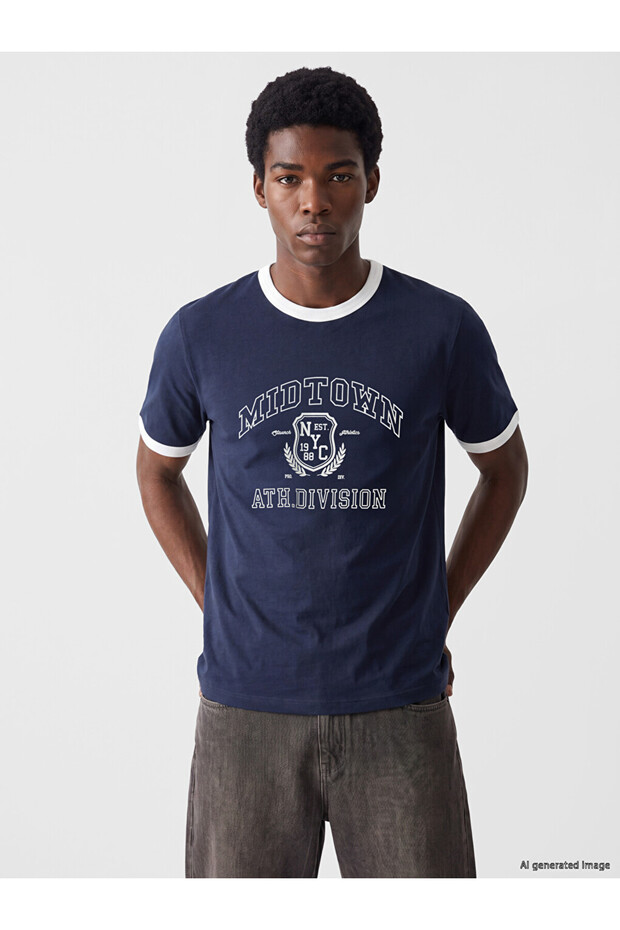 Navy Blue Crew Neck Nyc Printed Men's T-Shirt