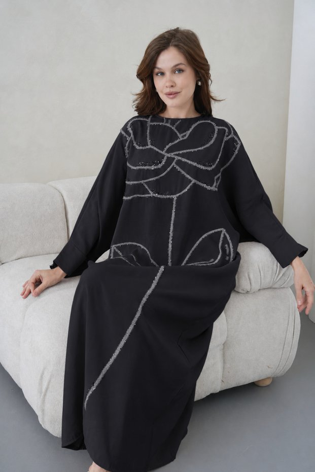 Women's Embroidered Linen Bat Sleeve Wide Fit Long Dress