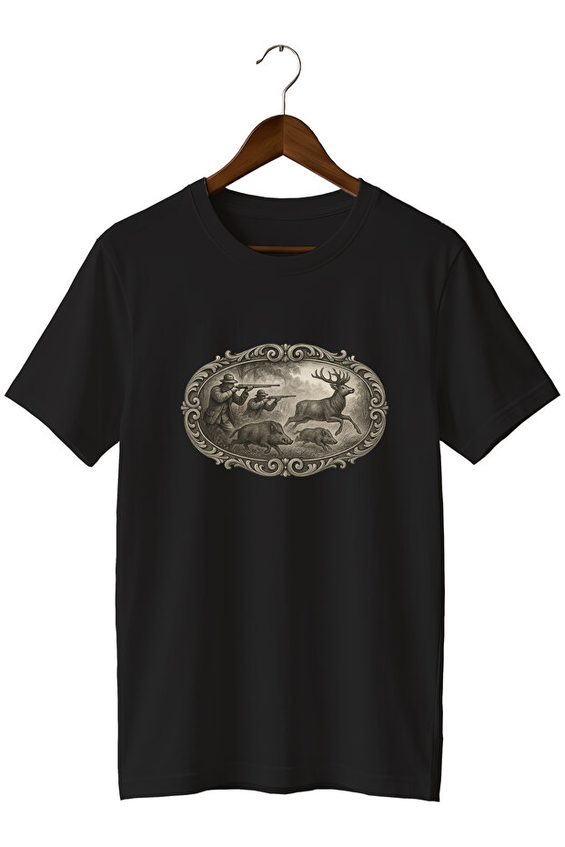 Hunter Printed Unisex T-Shirt – Deer and Wild Boar Themed Outdoor Crew Neck