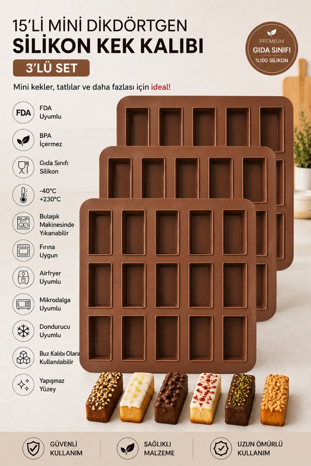 Set of 3 15-Piece Silicone Baton Cake Molds 25X25 cm | Platinum Silicone Mini Baton Cake, Chocolate, Brownie, Ice and Dessert Mold | Bpa Free