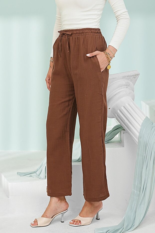 Brown Elastic Waist Pocketed Muslin Trousers