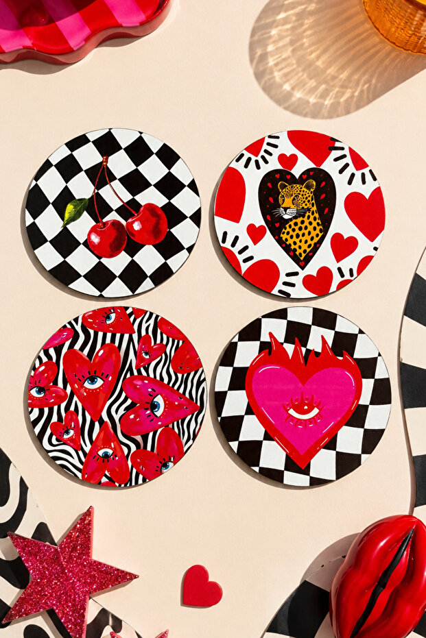 Retro Pop Art Set of 4 Coasters 9 Cm, 3 mm Mdf Wood, Uv Digital Printing