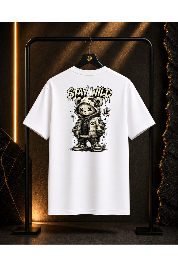 Unisex Stay Wild Bear Back and Front Printed 100% Cotton Oversize Crew Neck Short Sleeve T-Shirt White