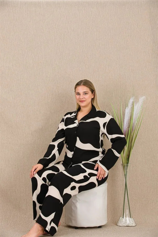 Plus size black and white patterned button-down long sleeve viscose pajama set