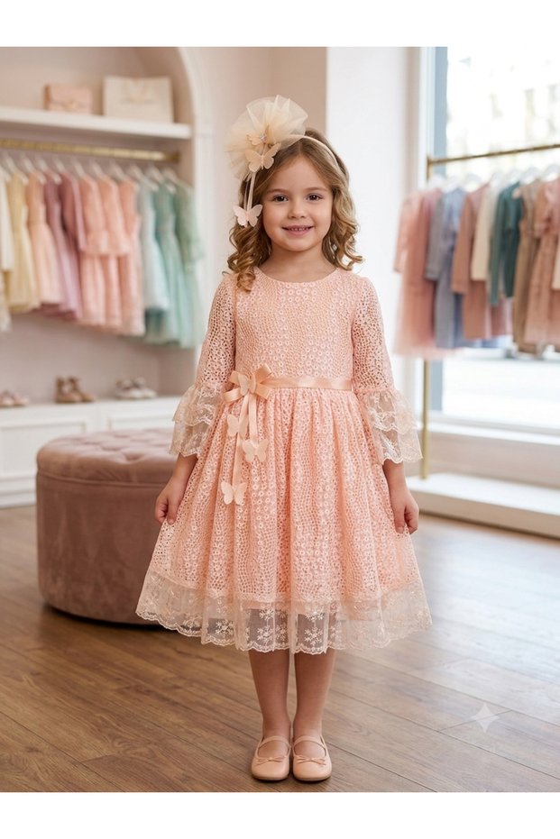 Girl's Dress Knee-Length Model Polka Dotted Lace with Buckle Festive White Color Girl's Dress Somun