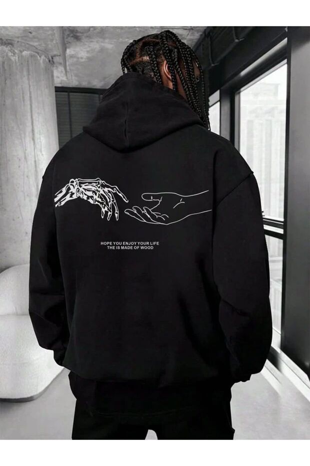 Black Printed Oversize Hoodie - Unisex Street Style Hooded Sweatshirt