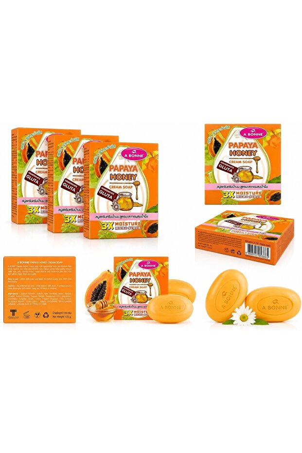 Pack of 3 / A Bonne Papaya Honey Cream Soap with NanoWhite Gluta, Moisturizing Exfoliating Face & Body Soap, Micro Scrub Cleansing Bar, 3X Moisture, 100gx3