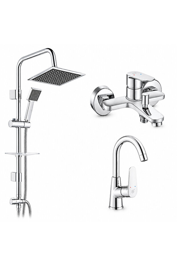 E.C.A Fast Bathroom + Swan Spout Sink Faucet + Tema 53260 Quadro Rain Practical Shower System