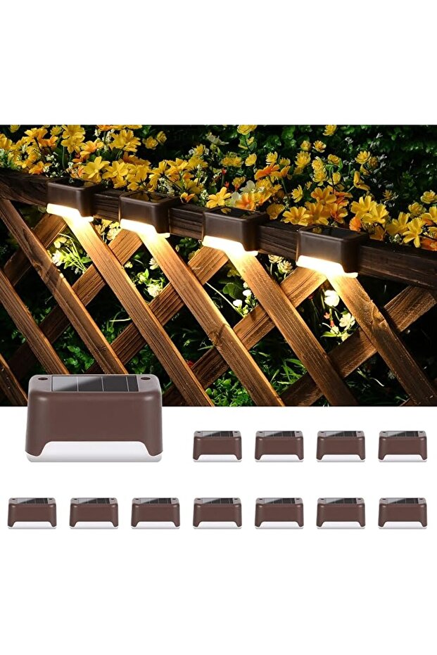 12-Pack Outdoor Solar Stair & Fence Step Lights (Warm White, Brown Frame)